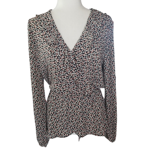 Max Studio Black and White Wrap Blouse with Ruffled Front and Long Sleeves - Picture 7 of 8